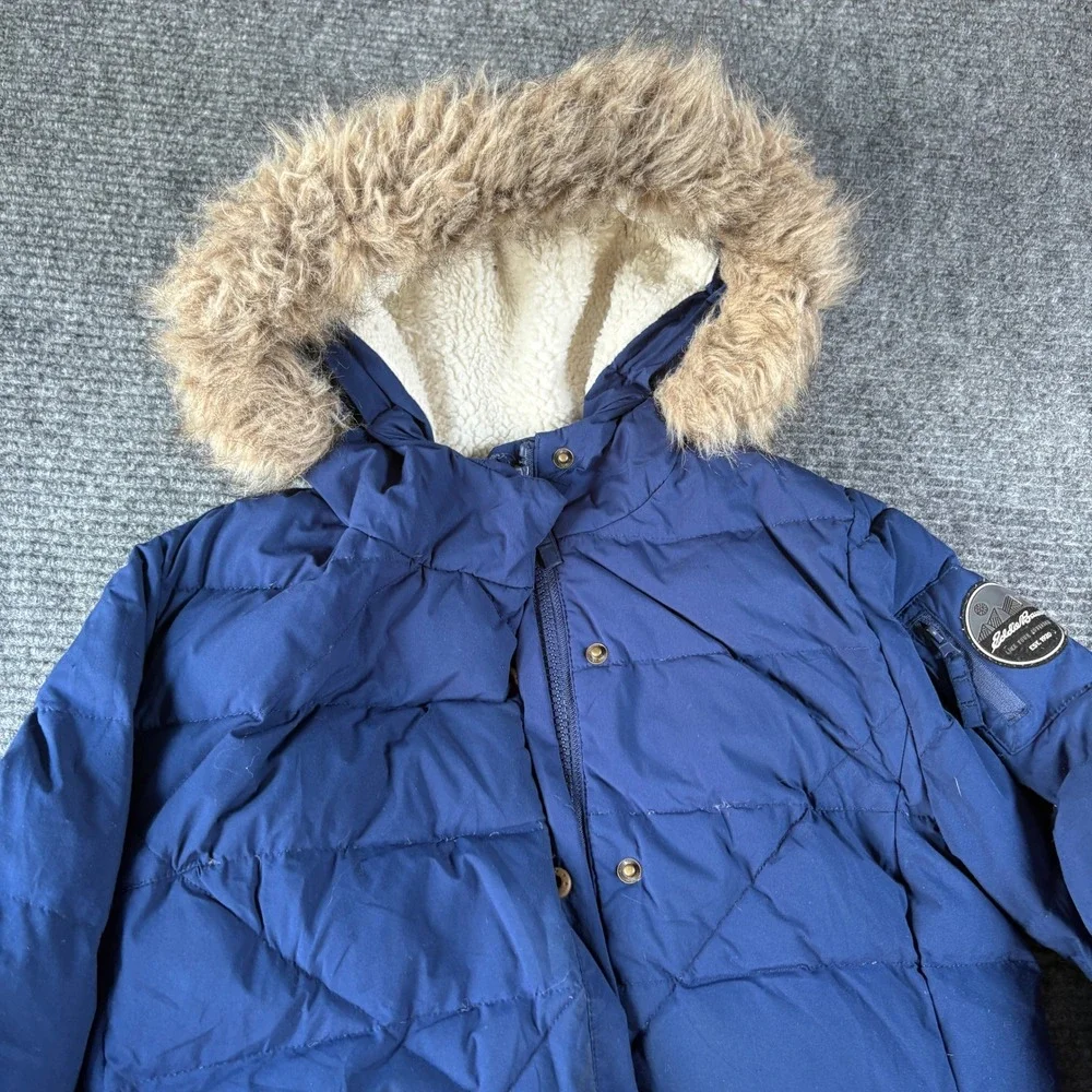 Eddie Bauer Kids Small 7/8 Navy Blue Faux Fur Hooded Puffer Parka Jacket 4486